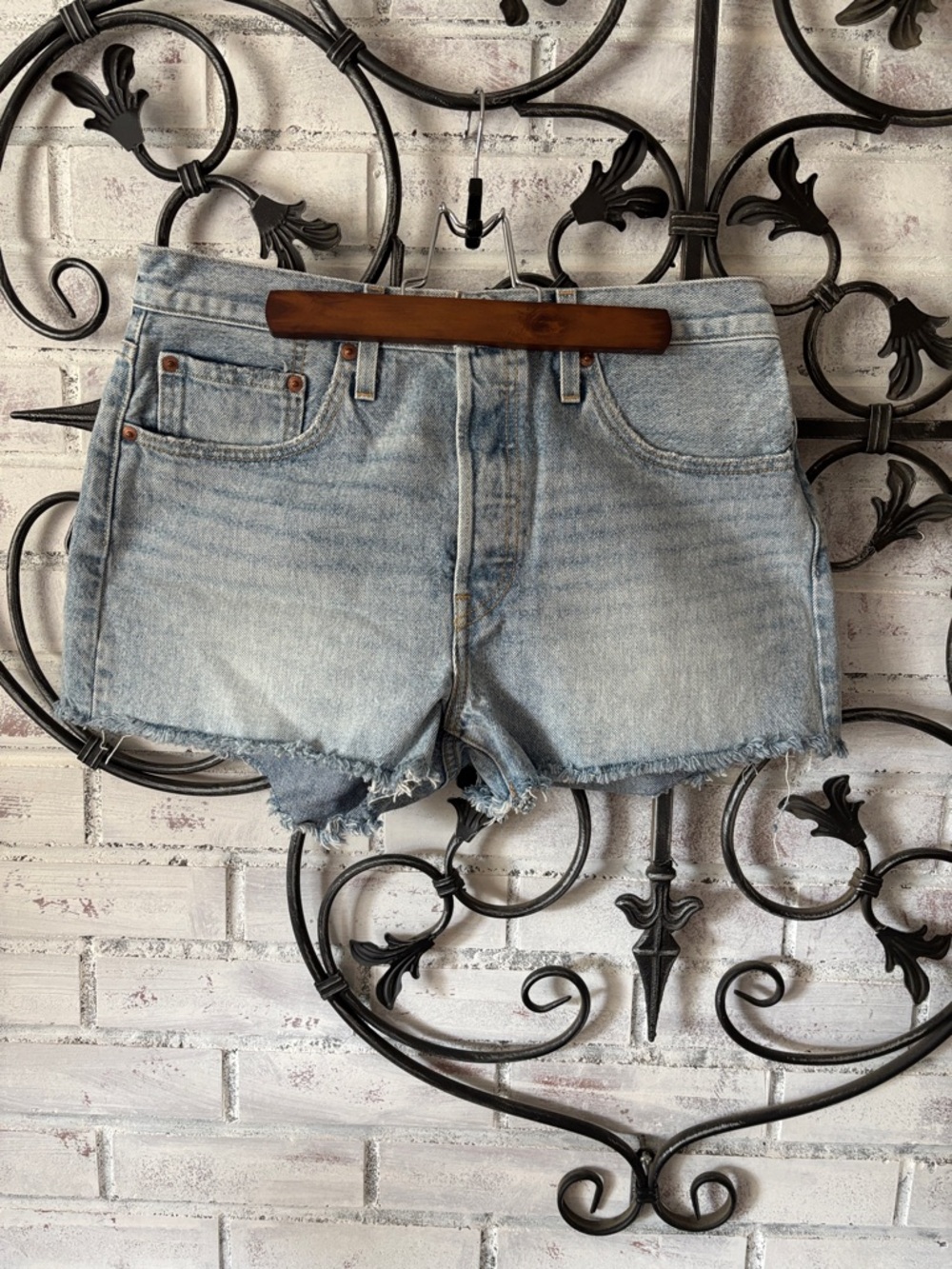 Levi's Light Wash Frayed Denim Shorts